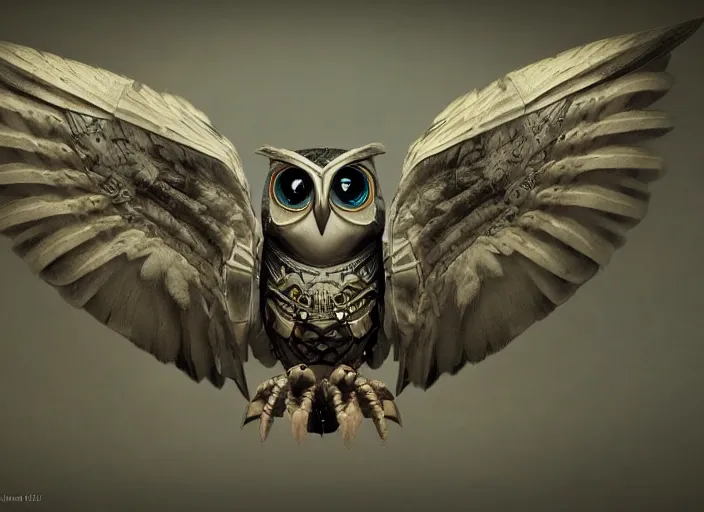 Image similar to a flying Warrior owl art nuveau, steampunk, symmetry, cinematic lighting , unreal engine,