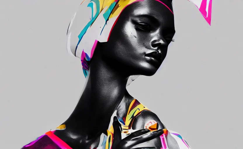 Prompt: beautiful glossy portrait of extremely beautiful female black marble statue in the style of virgil abloh, colorful motocross logos behind her, sharp focus, clear, detailed,, cinematic, detailed, off white, glamourous, symmetrical, vogue, editorial, fashion, magazine shoot, glossy