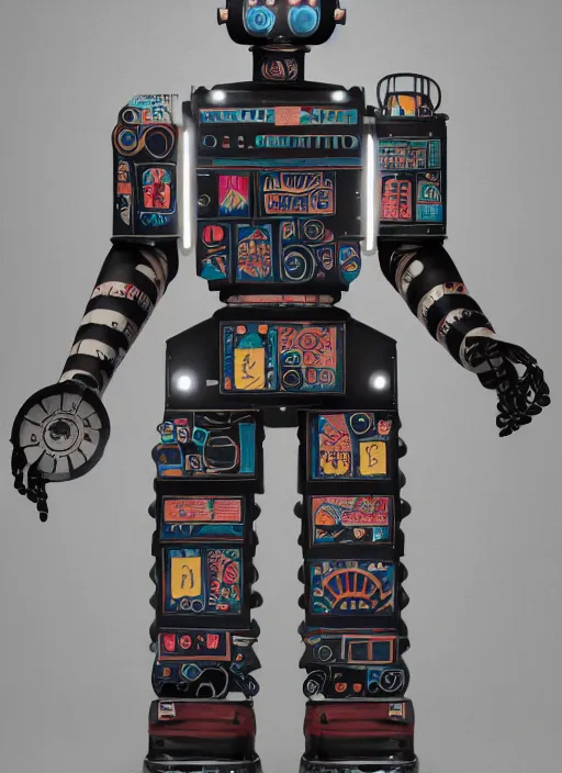 Prompt: full body photo of an industrial punk robot with kanji tattoos and decals wearing a digital pixelated kimono, intricate design, photo - realistic, octane render, dark colour palette, ultra fine detailed, character design, trending on artstation