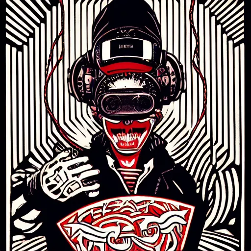 Image similar to Illustrated by Shepard Fairey and H.R. Geiger | Cyberpunk Clown Vampire with VR helmet, surrounded by cables