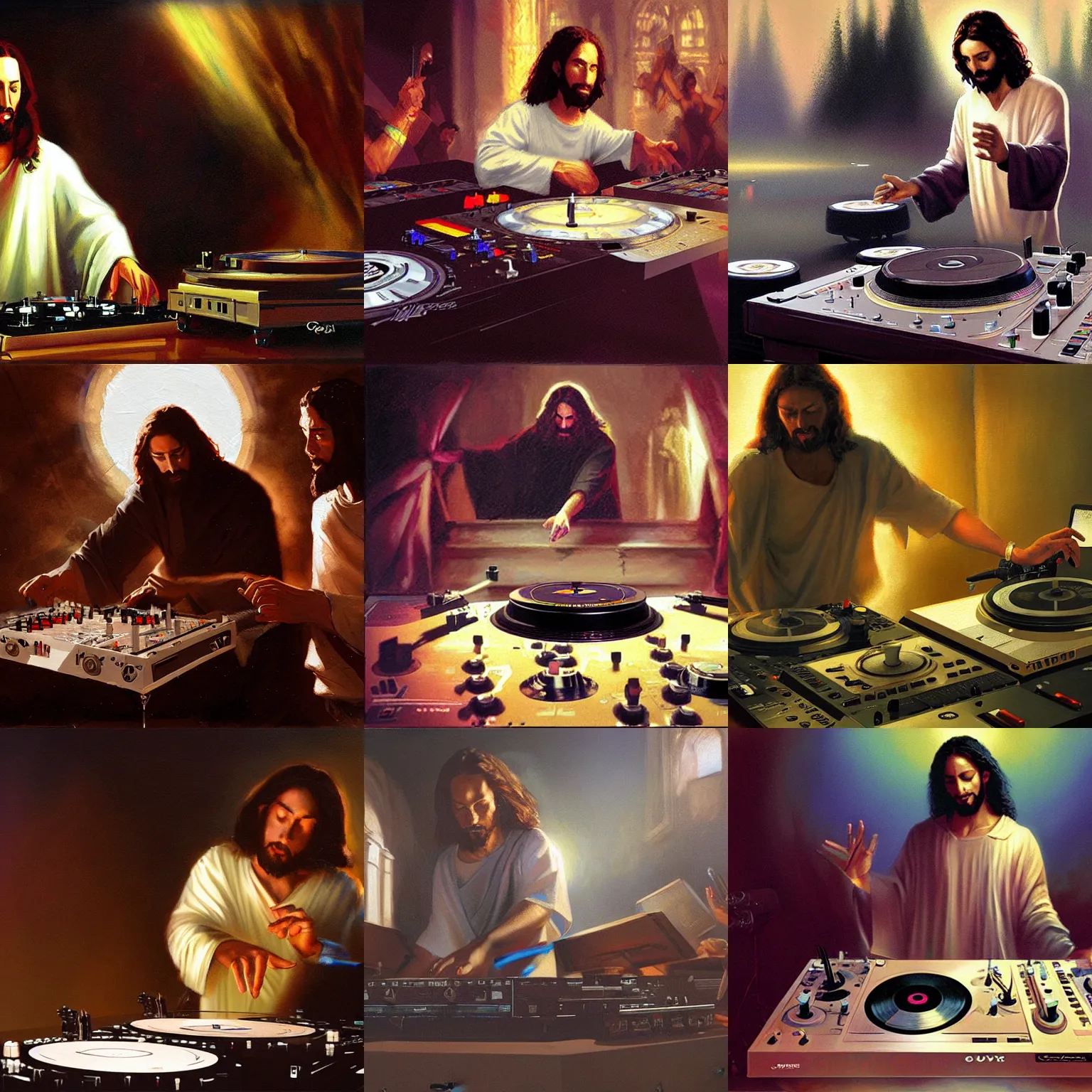 Prompt: a painting of jesus DJing with DJ turntables, craig mullins, greg rutkowski