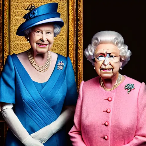 Image similar to A portrait photo of queen elizabeth teams up with a teenage queen elizabeth, perfect faces, 50 mm, award winning photography