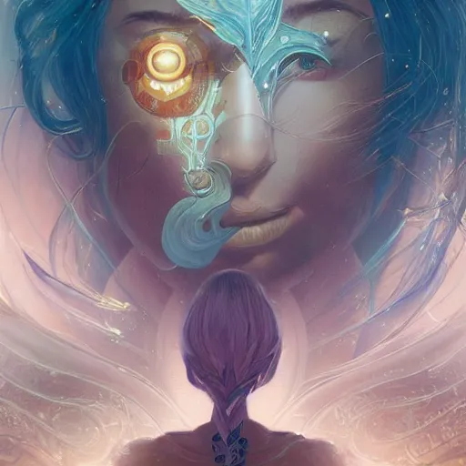 Image similar to cyborg, female, fantasy, bioluminiscence, flowing hair, portrait, highly detailed, digital painting, beautiful eyes, symmetry, concept art, sharp focus, illustration, art by artgerm and greg rutkowski and magali villeneuve and ilya kuvshinov! : : alphonse mucha : : - 0. 2