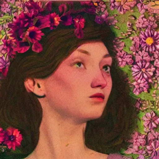 Image similar to a lot of flowers morphing in a beautiful girls face, film still by wes anderson, depicted by balthus, limited color palette, very intricate, art nouveau, highly detailed, lights by hopper, soft pastel colors, minimalist