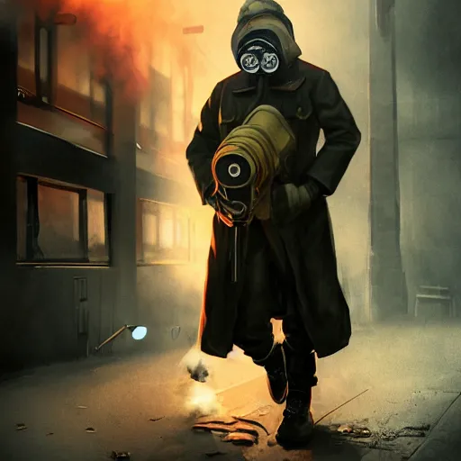 Prompt: hooden villain wearing a gas mask with red goggles, smoke coming out of his body and coat, dark background, wall with graffiti, unreal engine 5, ultra realistic, detailed, fog, by greg rutkowski,