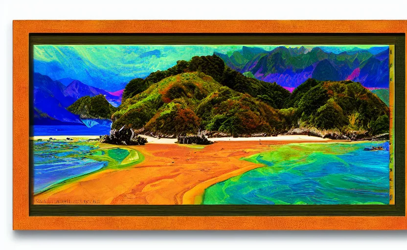 Image similar to golden bay abel tasman new zealand in the style of psychedelic oil painting, digital art, high quality, highly detailed, high coherence,, concept art, marterpiece