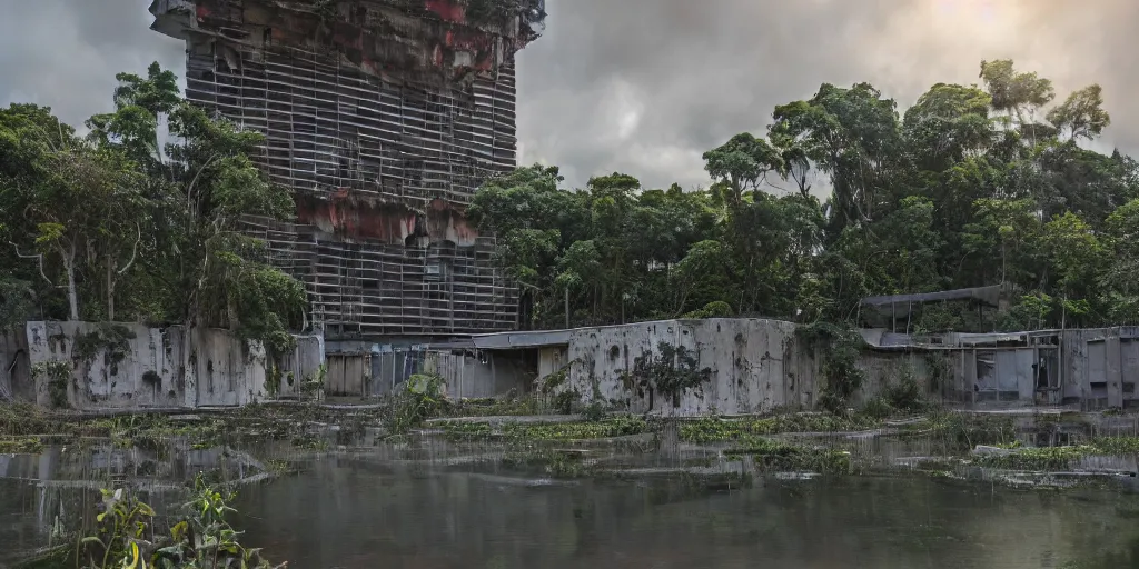 Image similar to an extremely detailed building, brutalist architecture, gargantuan in size, surrounded by lush green forest and murky ponds of water, stunning volumetric lighting, sunset, rusted steel, smooth concrete, stunning skies, trending on Artstation, 8k, photorealistic, hyper detailed, unreal engine 5, IMAX quality, cinematic, epic lighting, in the style of the game DOOM, by Greg Rutkowski