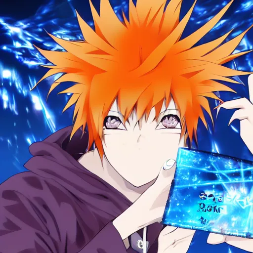 Image similar to orange - haired anime boy, 1 7 - year - old anime boy with wild spiky hair, wearing blue jacket, holding magical technological card, futuristic effects, fractal card, magic card, in front of ramen shop, strong lighting, strong shadows, vivid hues, raytracing, sharp details, subsurface scattering, intricate details, hd anime, 2 0 1 9 anime