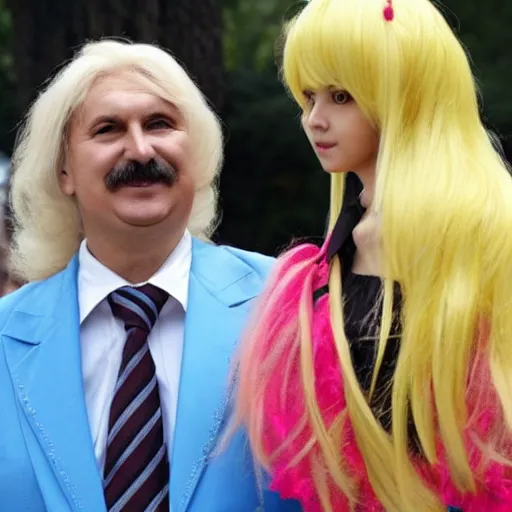 Image similar to alexander lukashenko wearing blonde longhaired wig in kawaii cosplay dress,