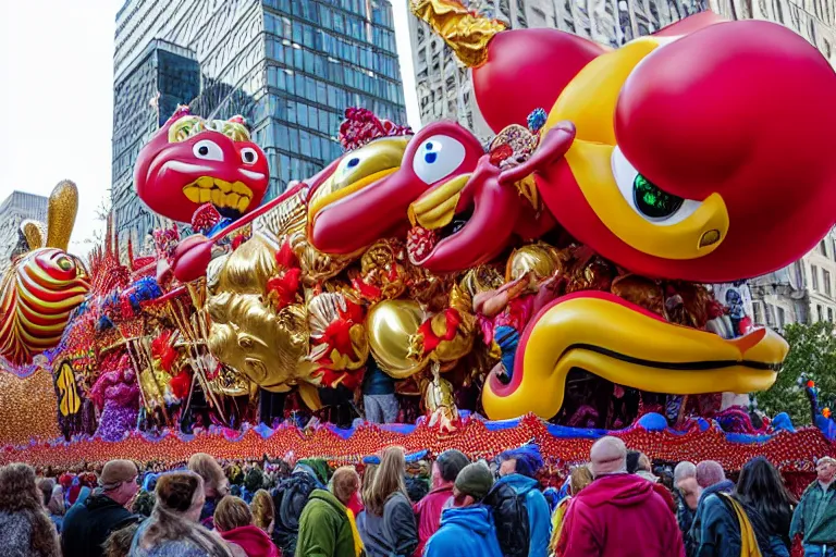 Image similar to photo of giant beautiful elaborate parade float designed by geoff darrow!!!! and ( ( ( ( ( ( chris's foss ) ) ) ) ) ), in the macys parade, detailed 4 k photo