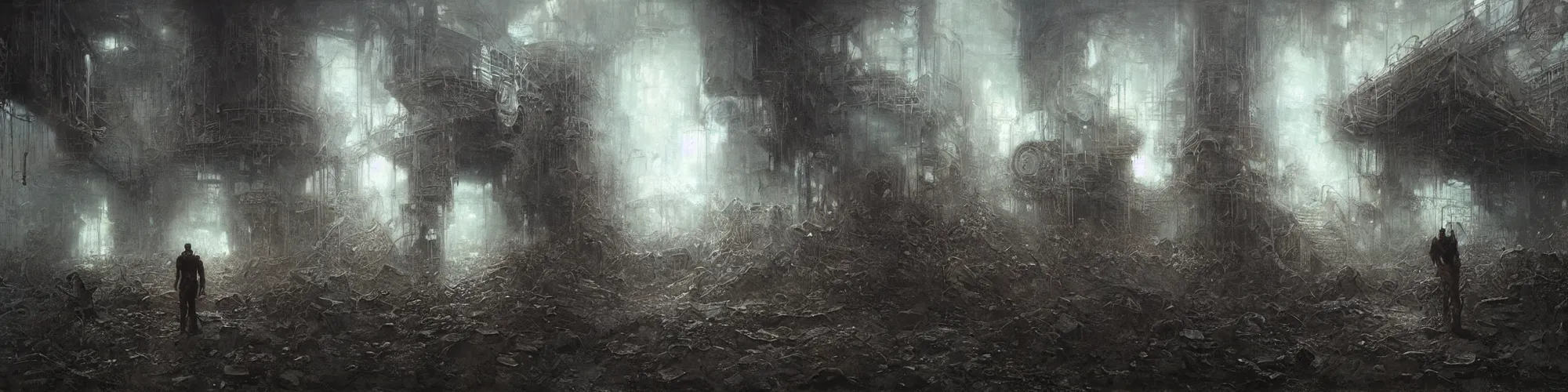 Image similar to lost and alone in an industrial wasteland by gustave dore and gustave moreau and beksinski and giger and craig mullins and jeremy mann