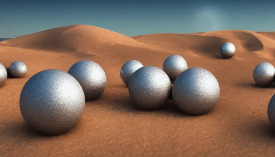 Image similar to metallic silver spheres in desert, sand dunes, heat wave, hyperdetailed, artstation, cgsociety, 8 k