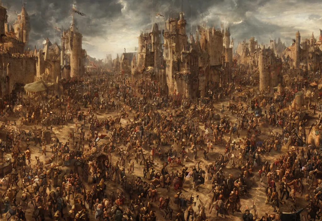 Image similar to photography crowd of emma watsons fight with nicholas cage in a medieval market detailed matte painting,