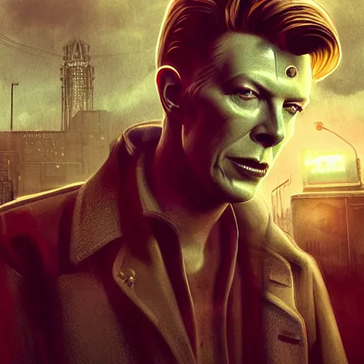 Image similar to fallout 5, charismatic david bowie, portrait, outdoors ruined cityscape, atmospheric lighting, painted, intricate, volumetric lighting, beautiful, daytime, sunny weather, slight overcast, sharp focus, deep colours, ultra detailed, by leesha hannigan, ross tran, thierry doizon, kai carpenter, ignacio fernandez rios