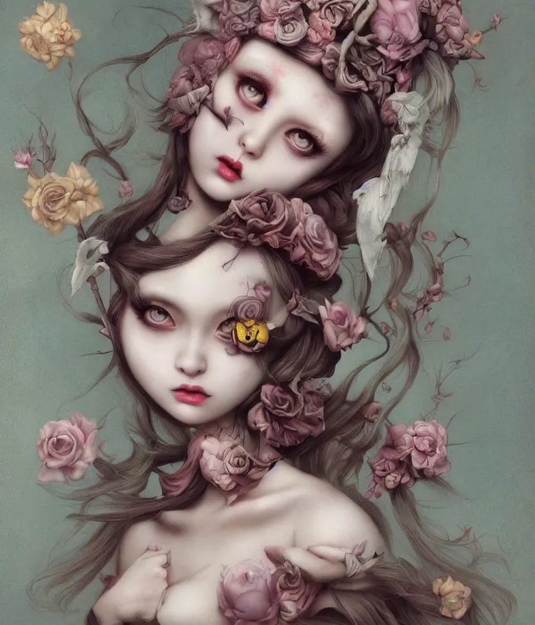 Image similar to pop surrealism, lowbrow art, realistic cute alice girl painting, japanese street fashion, hyper realism, muted colours, rococo, natalie shau, loreta lux, tom bagshaw, mark ryden, trevor brown style