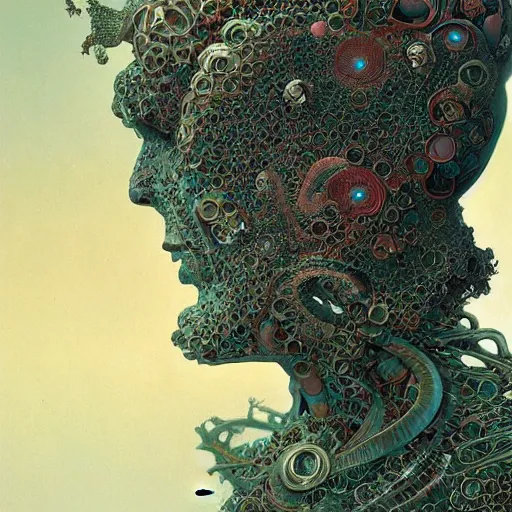 Prompt: portrait of a cyber creature from a parallel universe by alexander mcqueen, zdzisław beksinski and alphonse mucha. highly detailed, hyper - real, very beautiful, intricate fractal details, very complex, opulent, epic, mysterious, trending on deviantart and artstation