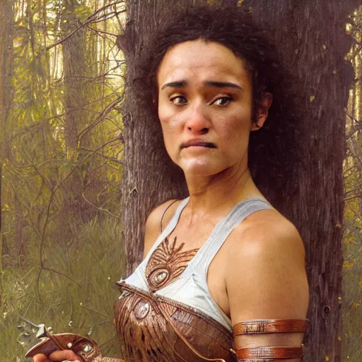 Image similar to a detailed, beautiful portrait oil painting of keisha castle hughes, with a hurt expression, wearing intricate, etched copper armor in an ancient forest, by donato giancola, john williams waterhouse, and william adolphe bouguereau