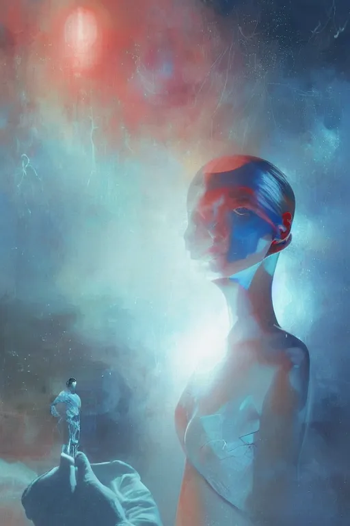 Prompt: 3 d, sci - fi, morning, sleepy fashion model face, sun, cinematic, lightning clouds, vogue cover style, stanley kubrick, light red and deep blue mood, realistic painting, intricate oil painting, high detail, figurative art, multiple exposure, poster art, 3 d, by tooth wu and wlop and beeple and greg rutkowski