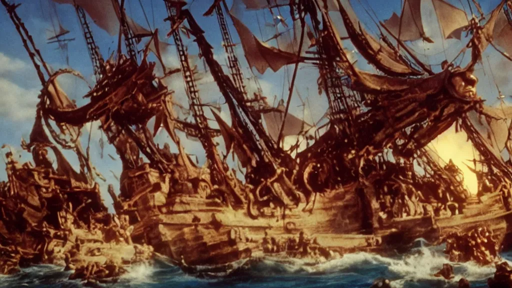 Image similar to still from a stop motion animated movie about a giant cyclops attacking a pirate ship by ray harryhausen, nineteen seventy five, cinematic lighting, ultra realistic, panavision, wide screen, saturated color, seventies cinema, vintage, sword and sorcery