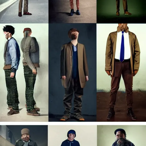 Image similar to outlive smart casual collection lookbook grid, in the style of grand chamaco and stanley kubrick, inspired by rpg fantasy characters, photorealistic, epic, super technical, cinematic still