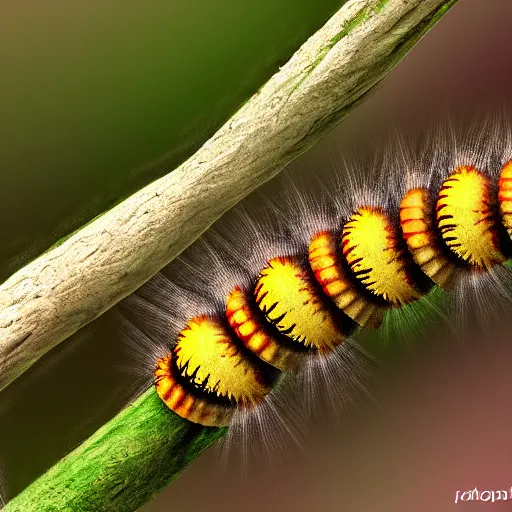 Image similar to caterpillar cawling along a stick concept art, highly detailed, high quality, bright colors,