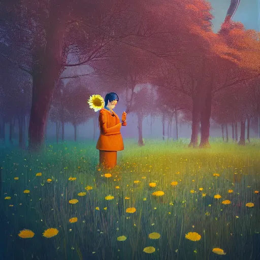 Image similar to giant daisy flower head, frontal, a girl in a suit, surreal photography, sunrise, dramatic light, impressionist painting, digital painting, artstation, simon stalenhag