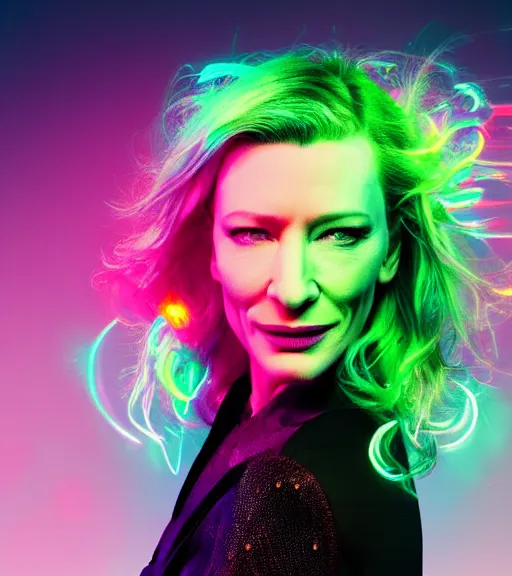 Image similar to cate blanchett ,neon colors, strong lighting, by Josan Gonzalez, HD, 4K