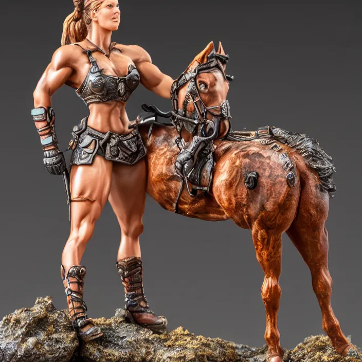 Image similar to 80mm resin detailed miniature of a Muscular Woman warrior standing next to a Horse, Product Introduction Photos, 4K, Full body, simple background