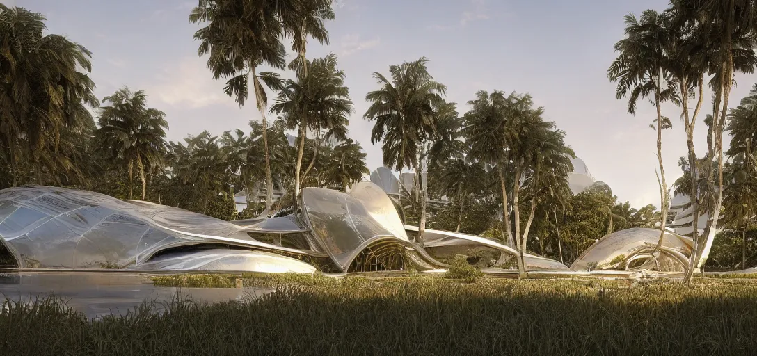 Prompt: abandoned futuristic shinny golden mirror building surrounded by overgrown vegetation exuberant jungle designed by santiago calatrava and frank gehry, summer day at evening dusk, shinny golden roads by zaha hadid and oscar niemeyer, glowing reflections, octane render redshift unreal engine, rule of thirds, movie poster