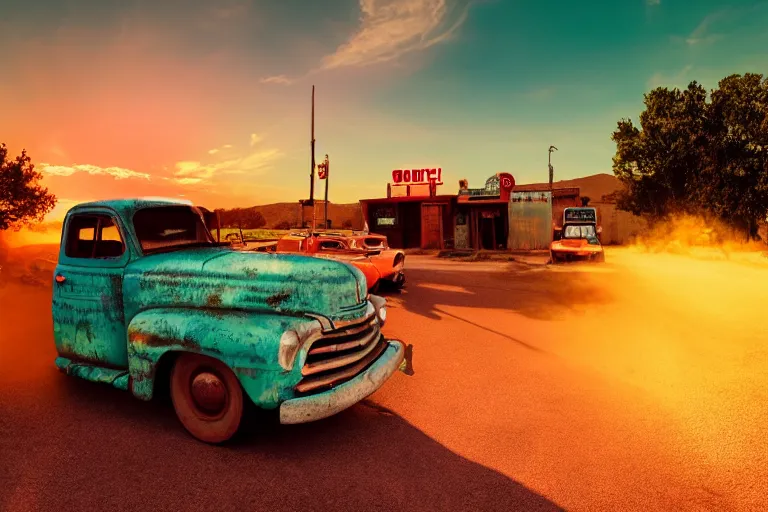 Image similar to a sunset light landscape with historical route 6 6, lots of sparkling details and sun ray ’ s, blinding backlight, smoke, volumetric lighting, colorful, octane, 3 5 mm, abandoned gas station, old rusty pickup - truck, beautiful epic colored reflections, very colorful heavenly, softlight