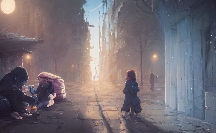 Image similar to highly detailed portrait of joe biden as a homeless, conversing with a child, stephen bliss, unreal engine, fantasy art by greg rutkowski, loish, rhads, ferdinand knab, makoto shinkai and lois van baarle, ilya kuvshinov, rossdraws, tom bagshaw, global illumination, radiant light, detailed and intricate environment