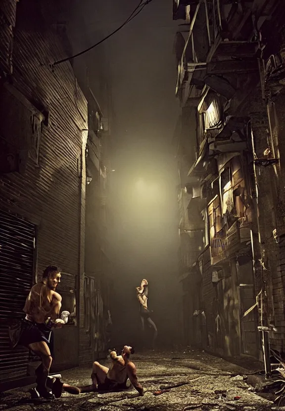 Prompt: a werewolf fighting a vampire in a dark brisbane alley, hd digital photography by gregory crewdson, hdr.