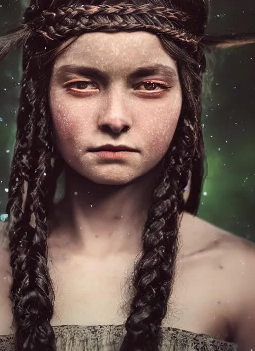 Prompt: a beautiful, smooth octane render of a daughter of the moon clan, with long, black, braided hair. nightime, low light, dark forest. strong, dabbled light falls on her face. highly detailed, sharpness. victorian dress. hyper realistic. canon eos ef 5 0 mm.