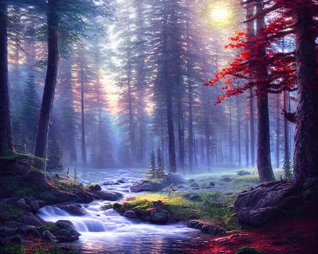 Prompt: a swedish forest in the morning, hyperrealistic, highly detailed, beautiful oil painting by ross tran and thomas kinkade