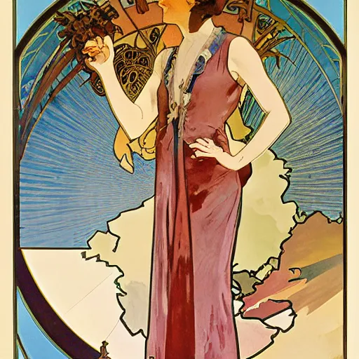 Image similar to amelia earhart, painted by alphonse mucha