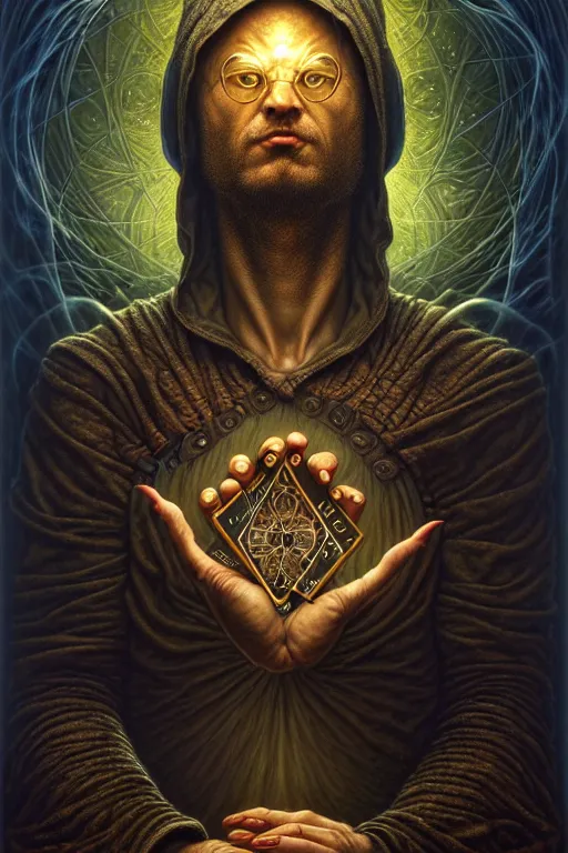 Image similar to The Programmer, tarot card, by tomasz alen kopera and Justin Gerard, computer nerd, matrix text, thinkpad, hackerman, symmetrical features, ominous, magical realism, texture, intricate, ornate, royally decorated, whirling gray smoke, embers, radiant colors, fantasy, trending on artstation, volumetric lighting, micro details, 3d sculpture, ray tracing, 8k, anaglyph effect
