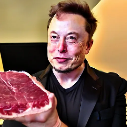 Image similar to elon musk holding a piece of meat, offering it to you