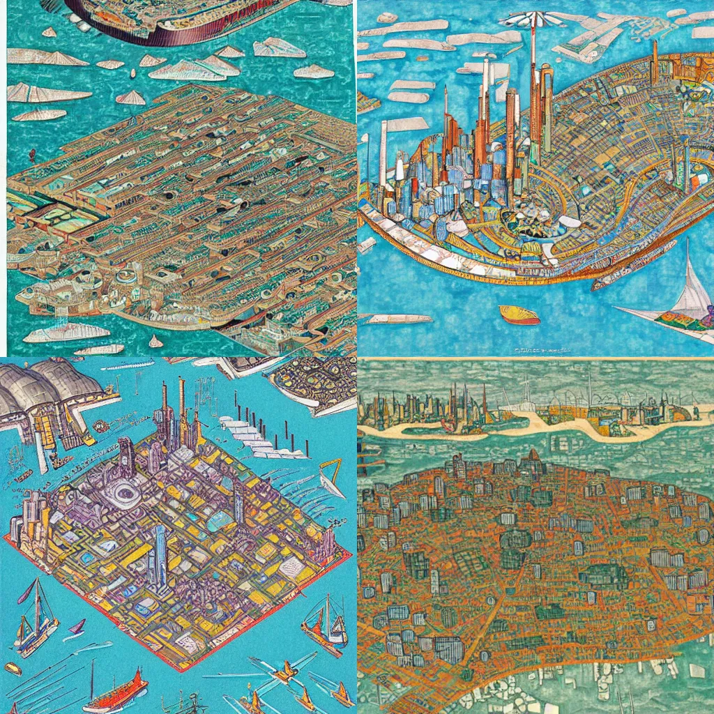 Prompt: a hyper-detailed map of a futuristic city located in an island surrounded by water with a few modern ships stationed around it, in the style of diego rivera schiele, full color, axonometric exploded view, snes