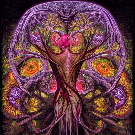 Image similar to a beautiful detailed photo of a rotten woman corpse morphing into fractal plants and fractal flowers and mushrooms, muscles, veins, anatomical, intricate, ornate, volumetric light, beautiful lit, alex grey