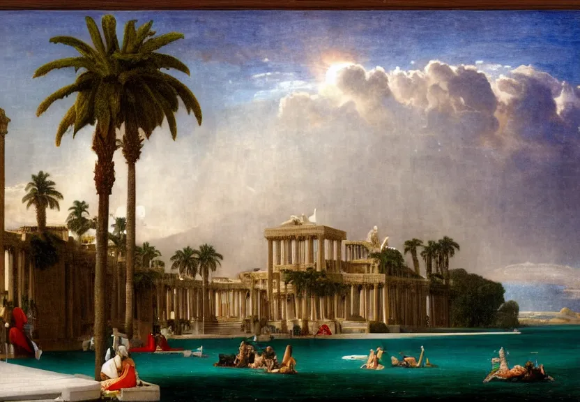 Image similar to Palace floating in the sky, 1km tall, thunderstorm, greek pool, beach and palm trees on the background major arcana sky, by paul delaroche, hyperrealistic 4k uhd, award-winning very detailed