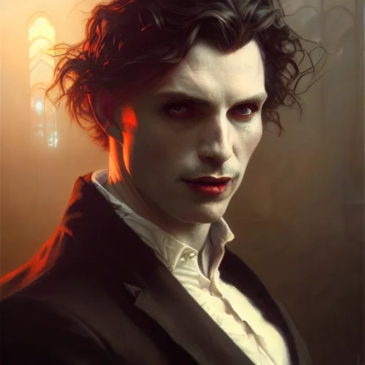 Image similar to portrait painting of joseph quinn as a vampire, ultra realistic, concept art, intricate details, eerie, highly detailed, photorealistic, octane render, 8 k, unreal engine. art by artgerm and greg rutkowski and charlie bowater and magali villeneuve and alphonse mucha