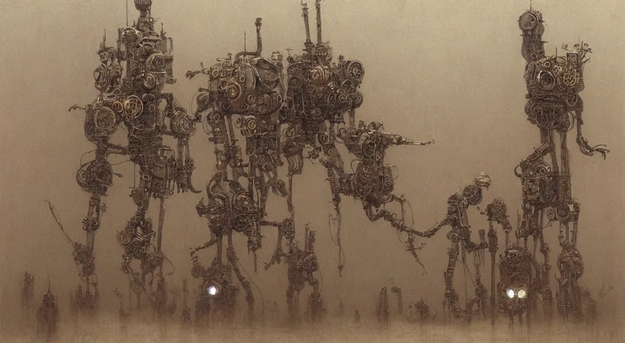 Prompt: steampunk robots by vladislav beksinski