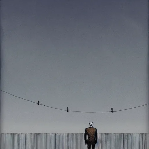 Image similar to a man standing in front of a high wire fence, by emiliano ponzi, dystopian art