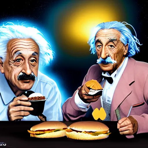 Prompt: Albert Einstein and Salvador Dali eating a Big Mac in front of a black hole, beautiful lighting,digital art , highly detailed , high contrast, beautiful lighting, award winning , trending on art station, 8k, photorealistic,unreal engine 5
