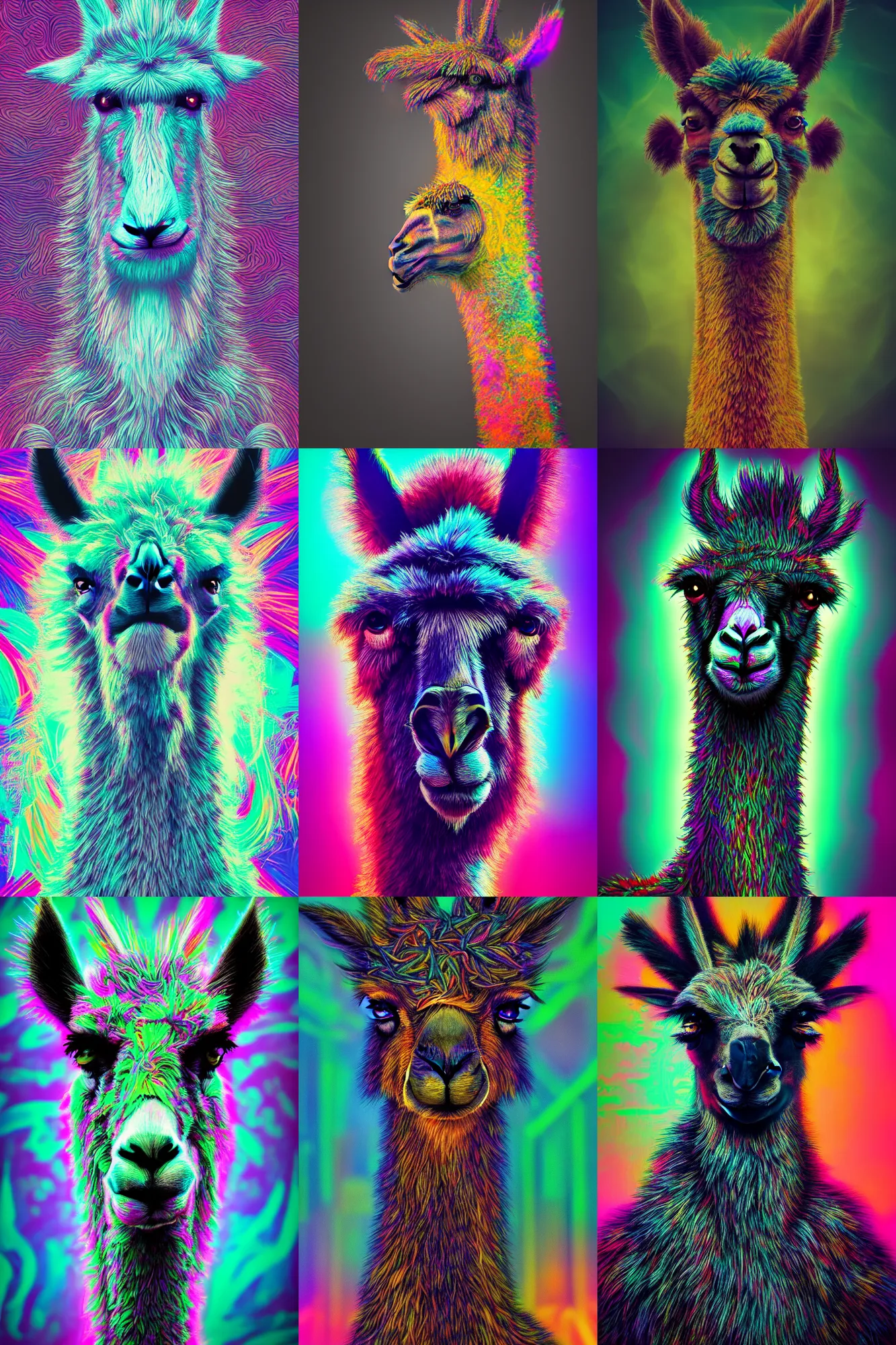Prompt: photo of surreal anthro llama portrait in neon lighting, elegant, highly detailed, smooth, sharp focus, trippy, dmt, psychedelic, illustration, beautiful, geometric, trending on artstation, cinematic, artwork by WLOP