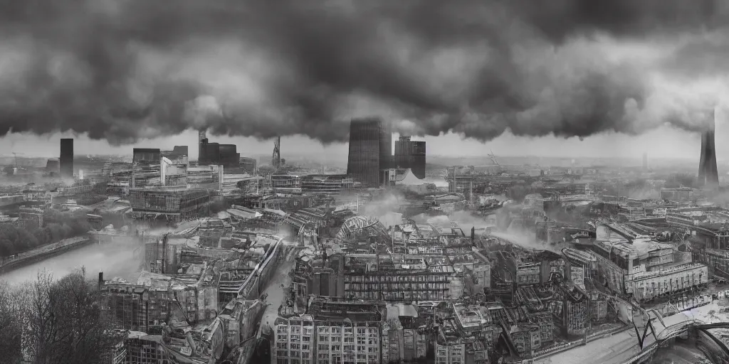 Image similar to a nuclear landscape of the southbank centre in london, the london eye and big ben are still standing, collapsed brutalist architecture, groups of human figures stagger amongst the ruins, fog, dust atmosphere, brooding clouds, mushroom cloud, detailed, 4k