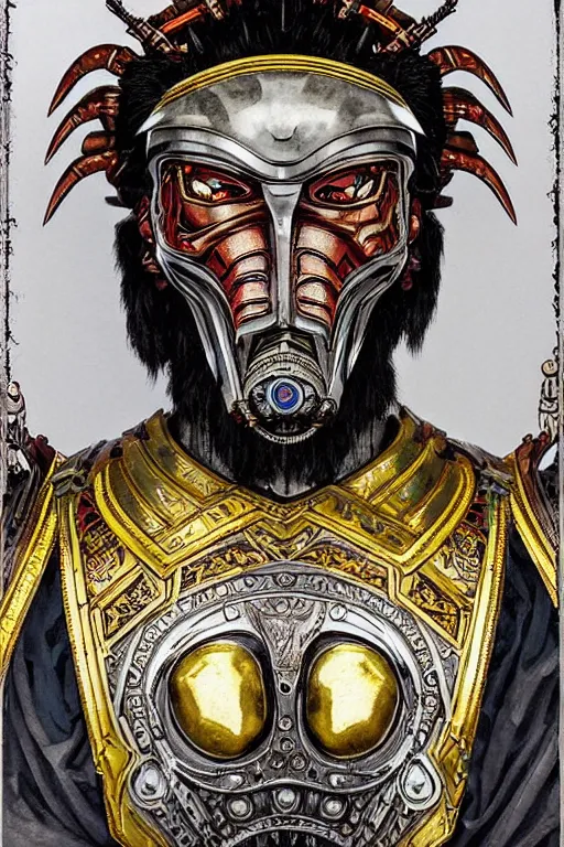 Prompt: a dramatic full-color art nouveau and ironpunk styled bust portrait of genghis khan as a godlike and stoic alien king, with violent conquering eyes, extremely detailed mongolian art nouveau cybernetic armor and an intricately detailed crown of cosmic power, perfectly symmetrical mongol facial structure and framework, handsome yet brutal alien facial characteristics, by michael kaluta, michael whelan and travis charest, dark sci-fantasy, deeply ornate complexity, alien-human hybrid male face and bust, sci-fi character concept, photorealism, art nouveau framing, stunning lighting, hyperrealism, 8k