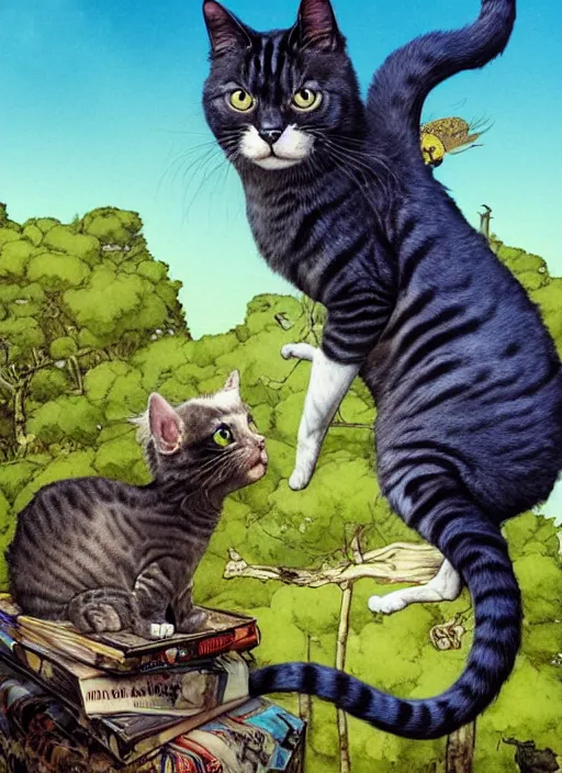 Image similar to a hyper realistic ink cat and the meaning of life and sunbeams blue sky, lush forest comic painting by chiara bautista and norman rockwell and greg rutkowski weta studio, and lucasfilm