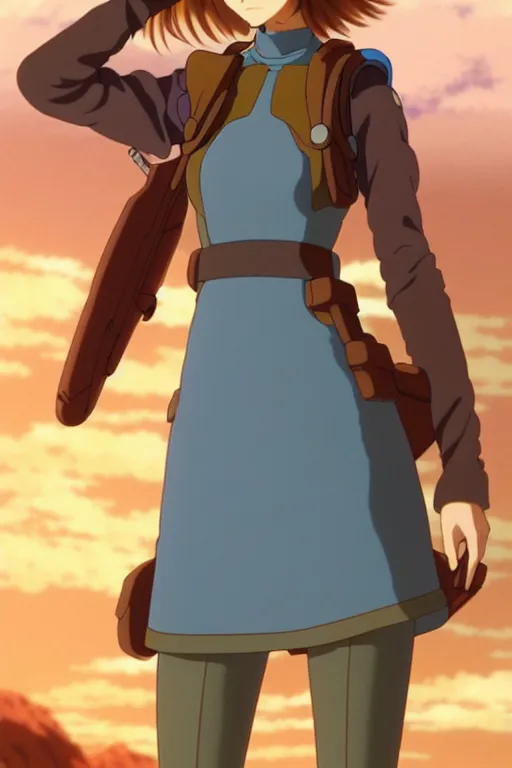 Image similar to anime art full body portrait character nausicaa by hayao miyazaki concept art, anime key visual of elegant young female, brown hair and large eyes, finely detailed perfect face delicate features directed gaze, sunset in a valley, trending on pixiv fanbox, studio ghibli, extremely high quality artwork