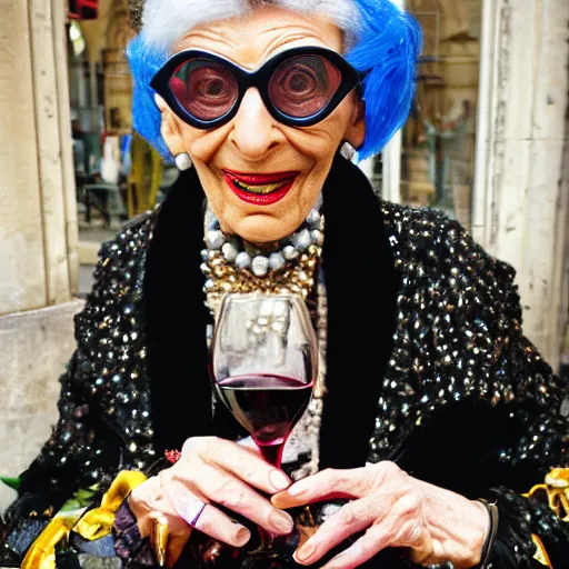 Image similar to a french snail drinking red wine in paris by iris apfel